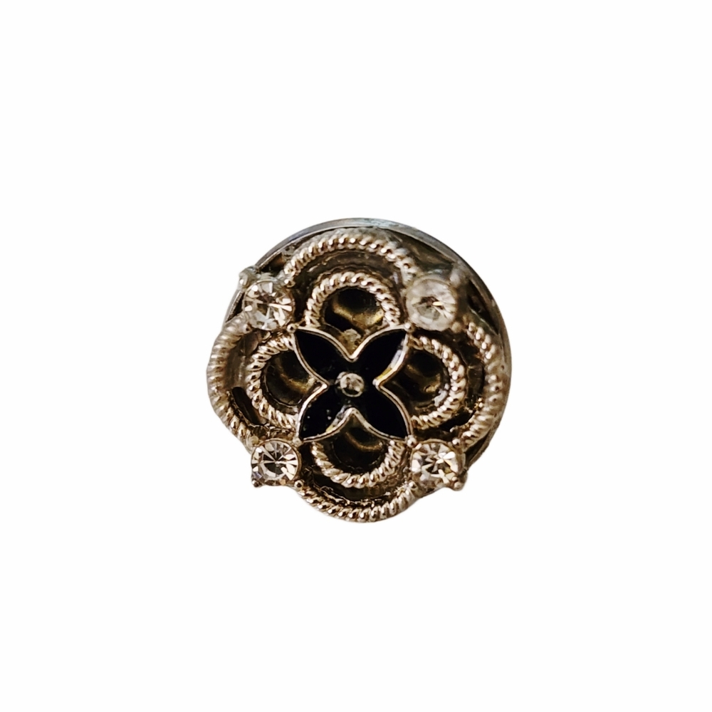 Black & Rhibestone Enamel Designer Button Hat / Lapel Pin